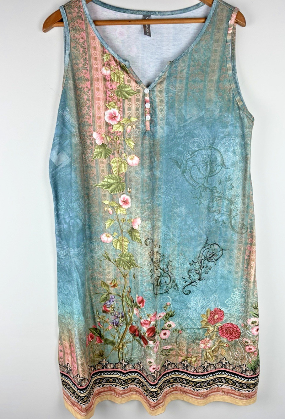Noracora Women’s XXL Floral Boho Shift Dress Sleeveless Teal Pink Henley Resort